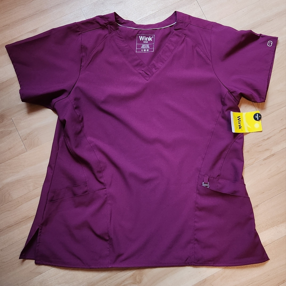 Wink V-Neck Scrub Top in Wine Purple, Size Large